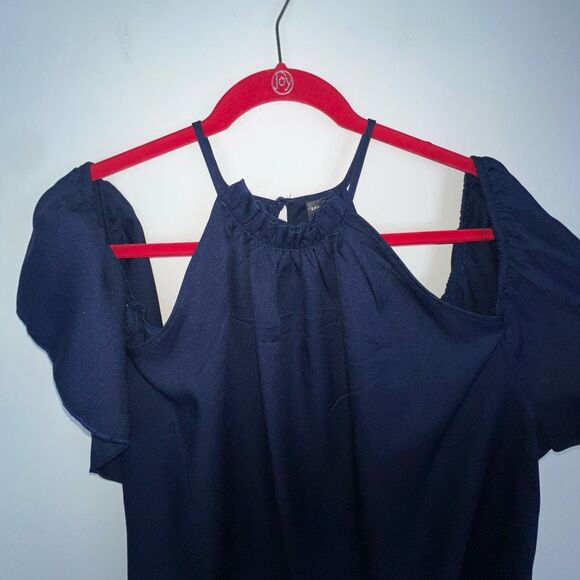 SHEIN Navy Cold Shoulder Button Neck Blouse - Picture 3 of 7